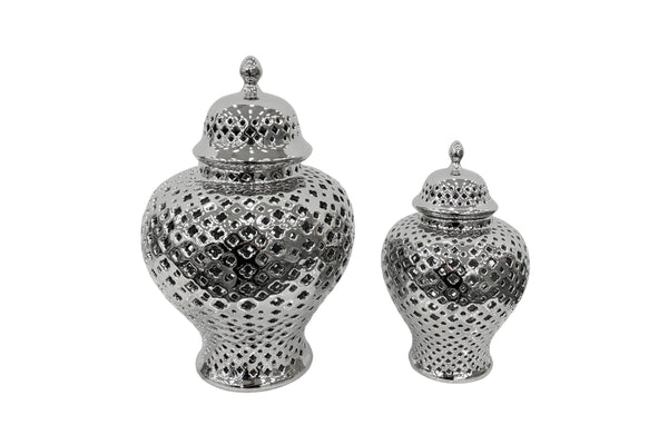 Pair of Classic Hampton Urns in silver ceramic, designed with detailed cutwork patterns – perfect for adding glamour to any space.