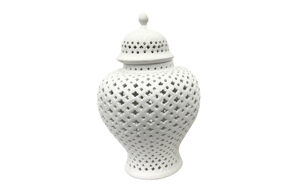 Large white ceramic Classic Hampton Urn with timeless pierced design, ideal for clean and sophisticated home interiors.
