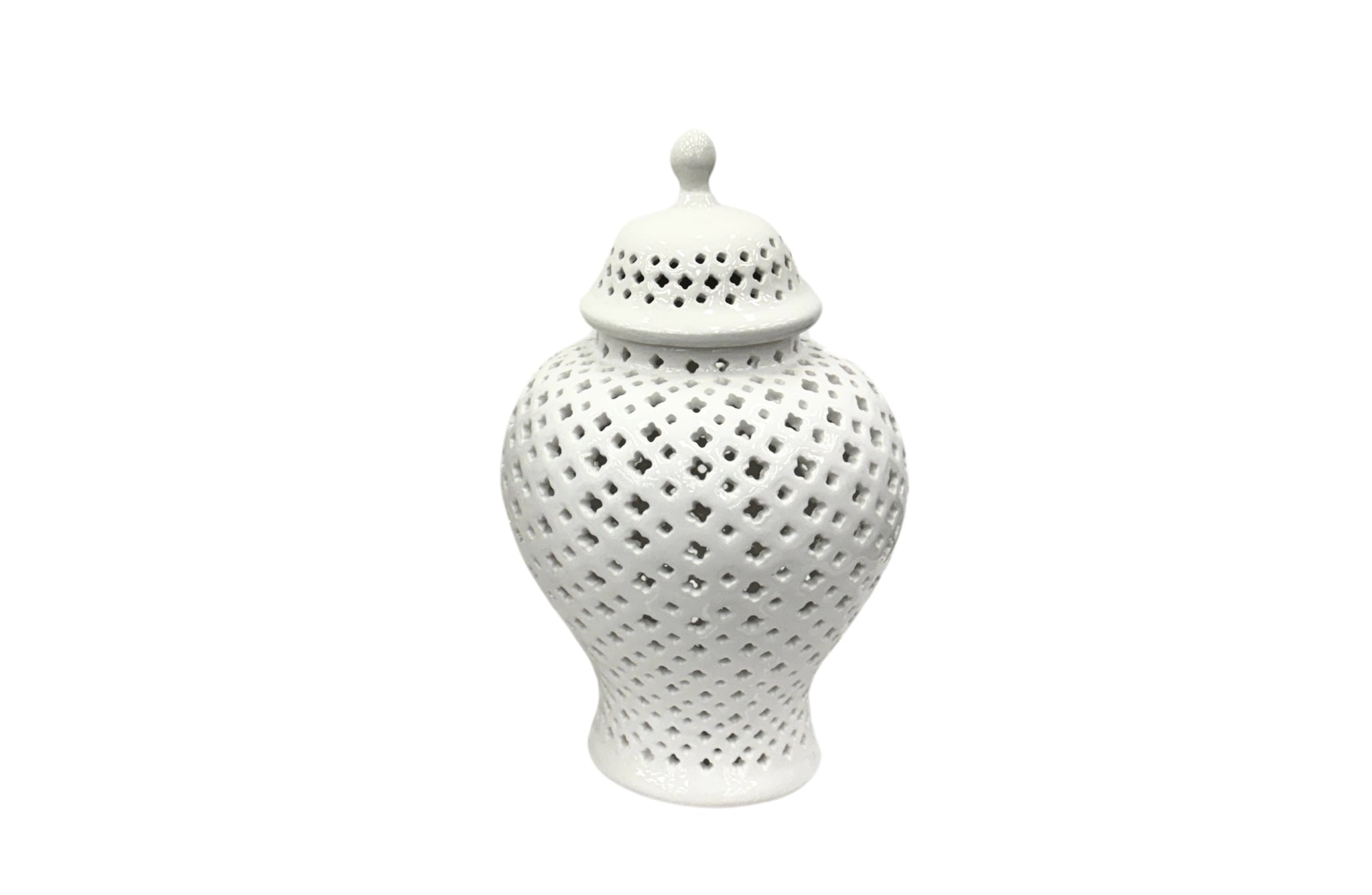 Small white Hampton Urn crafted in ceramic with delicate lattice detailing, perfect for minimalist décor accents.
