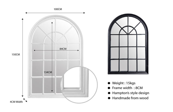 Large Hampton’s Arch Window Style Mirror in white and black wooden frames with measurements