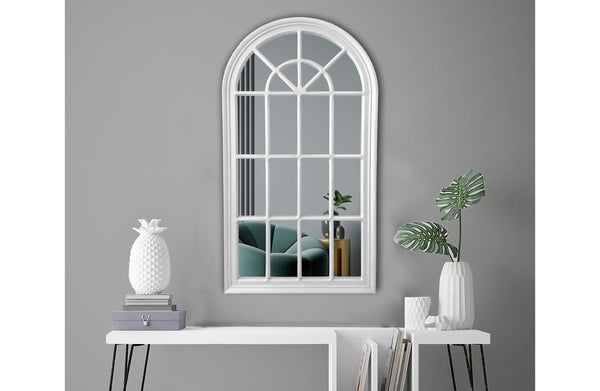 Large white Hampton’s Arch Window Style Mirror styled in modern grey living room
