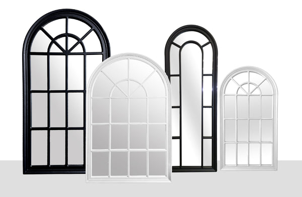 Hampton’s Arch Window Style Mirrors Range in black and white wooden frames, 3 sizes available