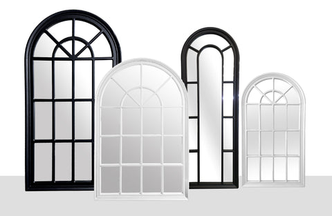 Hampton’s Arch Window Style Mirrors Range in black and white wooden frames, 3 sizes available