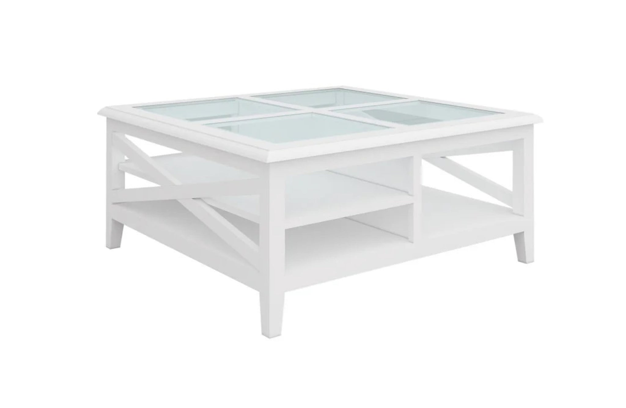 Hampton’s style white timber and glass coffee table with storage shelf, studio image.