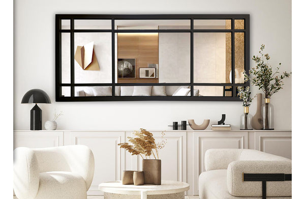 Black Hampton’s large rectangle window style mirror styled in modern living room.