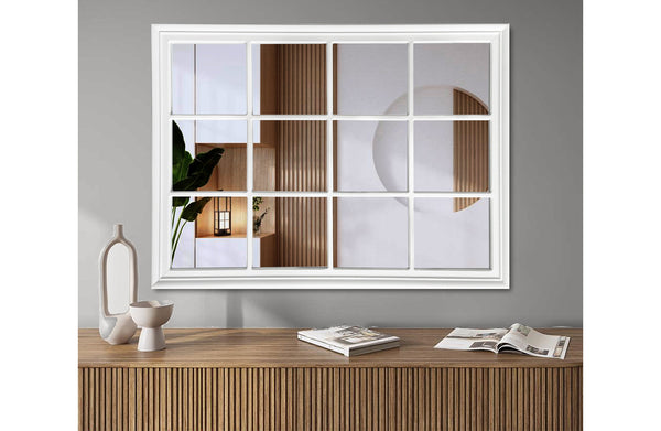 White Hampton’s medium rectangle window style mirror above wooden console table.