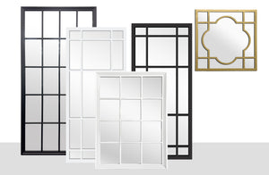 Collection of Hampton’s window style mirrors in black, white, and gold, various shapes and sizes.