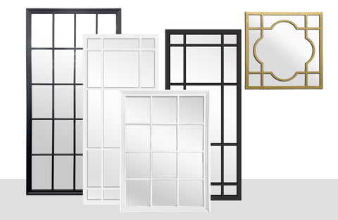 Collection of Hampton’s window style mirrors in black, white, and gold, various shapes and sizes.