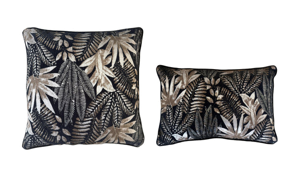 Black and brown tropical leaf cushions in square and rectangular jacquard design