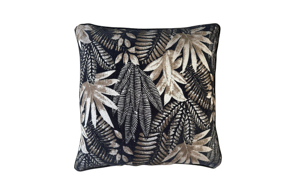 Black and brown cushion 55x55 cm with tropical leaf jacquard pattern