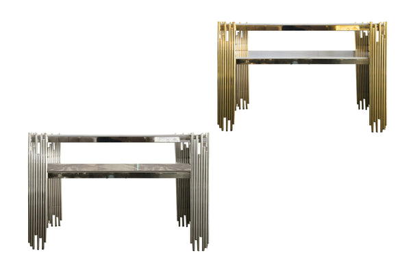 Chelsea console table with polished gold and silver frame with white and grey marble top