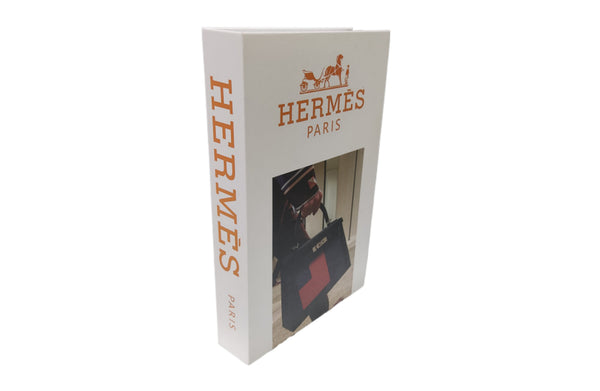 hermes inspired faux decor book box white with orange branding design