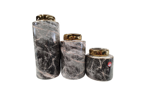 Elegant black marble ceramic canisters with gold lids, set of three.