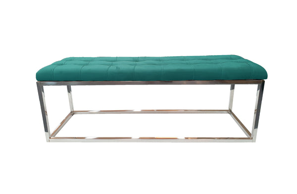 Peacock Green Holly Ottoman Bench with silver frame and luxurious tufted velvet finish.