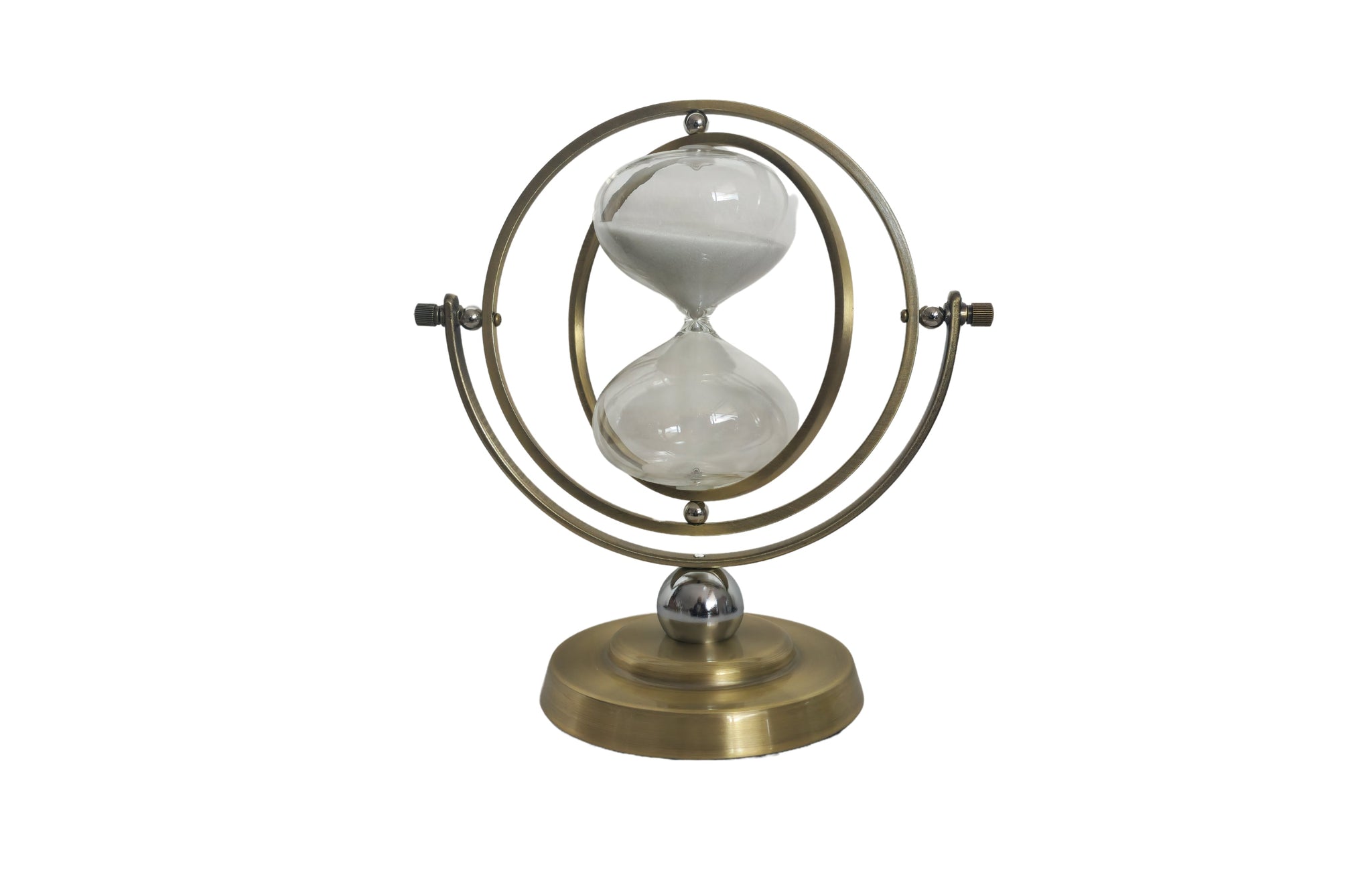 Elegant gold hourglass décor with rotating frame and clear sand timer.
