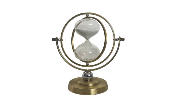 Elegant gold hourglass décor with rotating frame and clear sand timer.