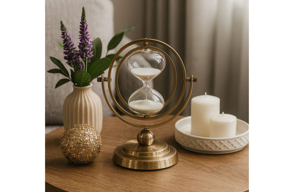 Decorative table setting with a gold hourglass decor, purple flowers, and candles.