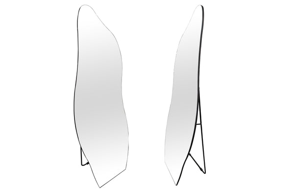 Irregular free standing mirror with sleek frameless design, unique shape and slim metal stand.