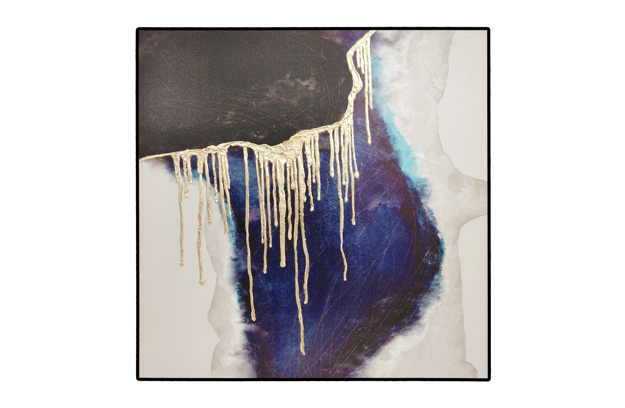 Striking blue and black abstract wall art with dripping gold foil accents.