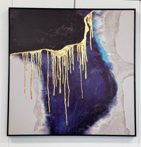 Modern square wall art in blue, black, and gold foil with sleek black frame.