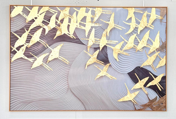 Luxurious gold foil bird wall art in a sleek gold frame for modern interiors.