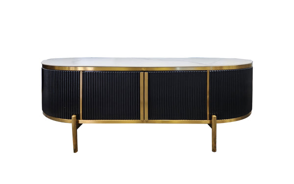 Kingsley oval black coffee table with gold trim and white marble top