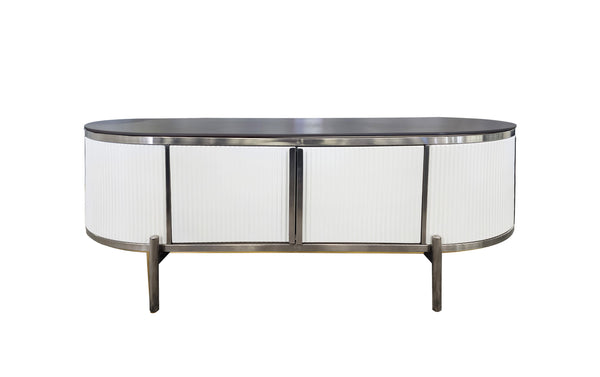 Kingsley white coffee table with silver trim and black marble surface