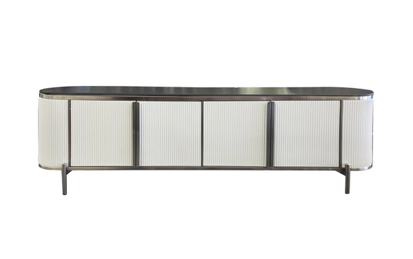 Kingsley TV Unit in white base with sleek black marble top and silver trim.
