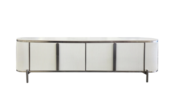 Elegant Kingsley TV Unit in white finish with white marble top and silver trim.