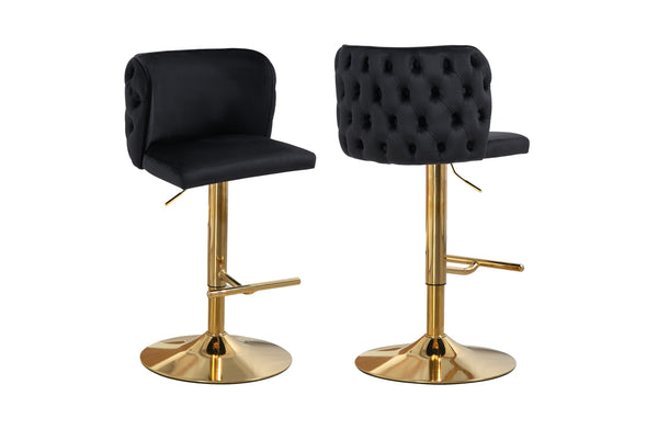 Set of Lara black velvet tufted swivel bar stools with gold stand and stud trim