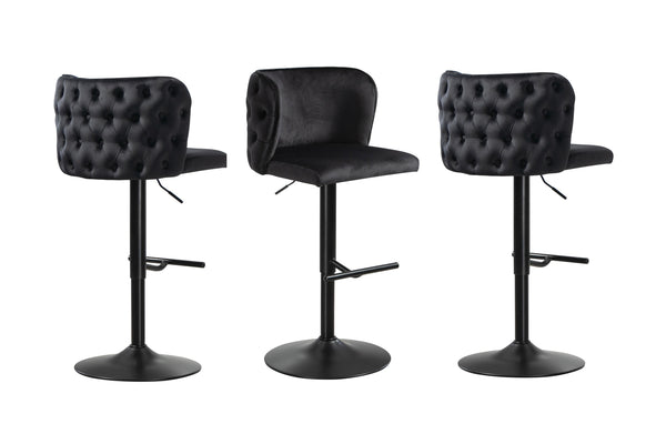 Set of black velvet tufted bar stools with black base and footrest, height adjustable