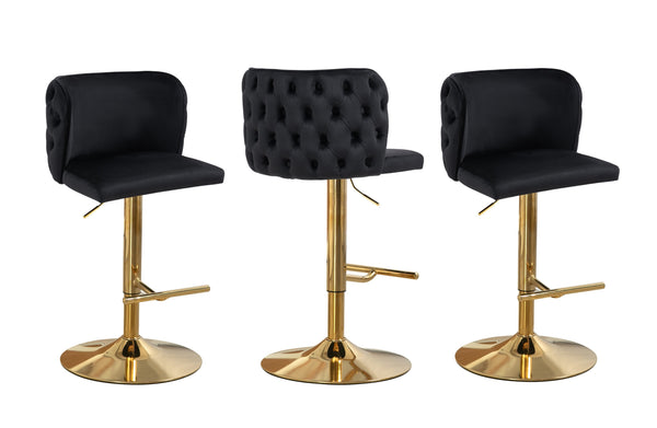 Set of black velvet tufted bar stools with gold base and footrest, height adjustable