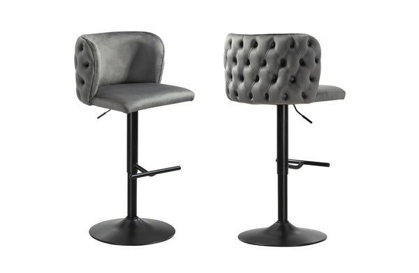 Pair of Lara grey velvet tufted swivel bar stools with black stand and footrest