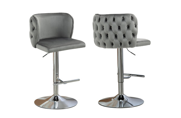 Pair of Lara grey velvet swivel bar stools with chrome silver base and studded trim