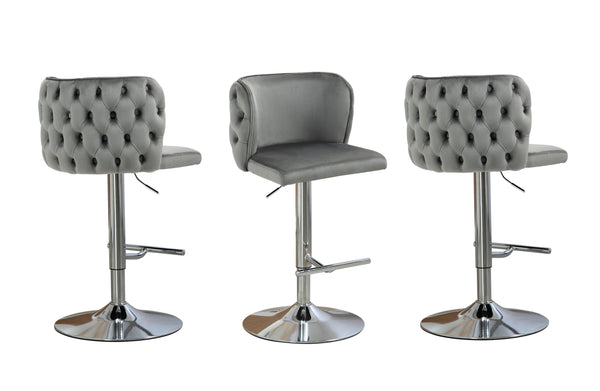 Elegant grey velvet bar stools with tufted backrest and silver chrome adjustable stand