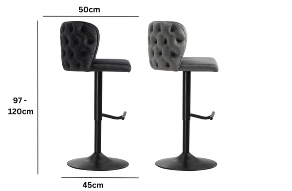 Lara tufted swivel bar stool side profile with adjustable height 97 to 120cm, seat length 50cm, and base diameter 45cm.