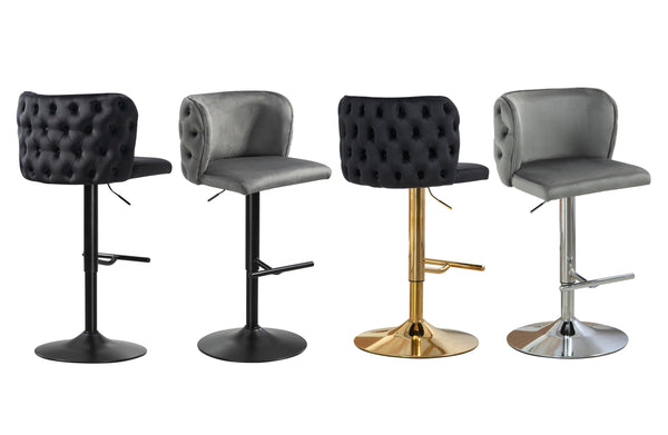 Lara tufted height adjustable swivel bar stools in black and grey velvet with gold, silver, and black bases.