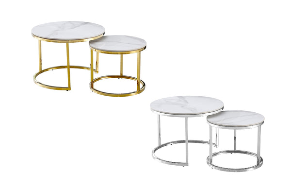 Layla nesting coffee tables in polished silver and gold frames with elegant marble finish tops.