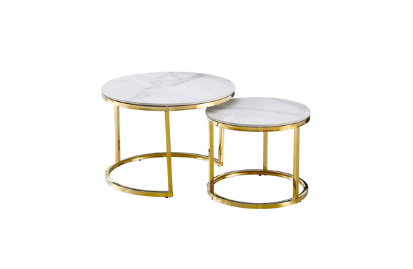 Layla nesting coffee table small set in polished gold frame with elegant marble stone tops.