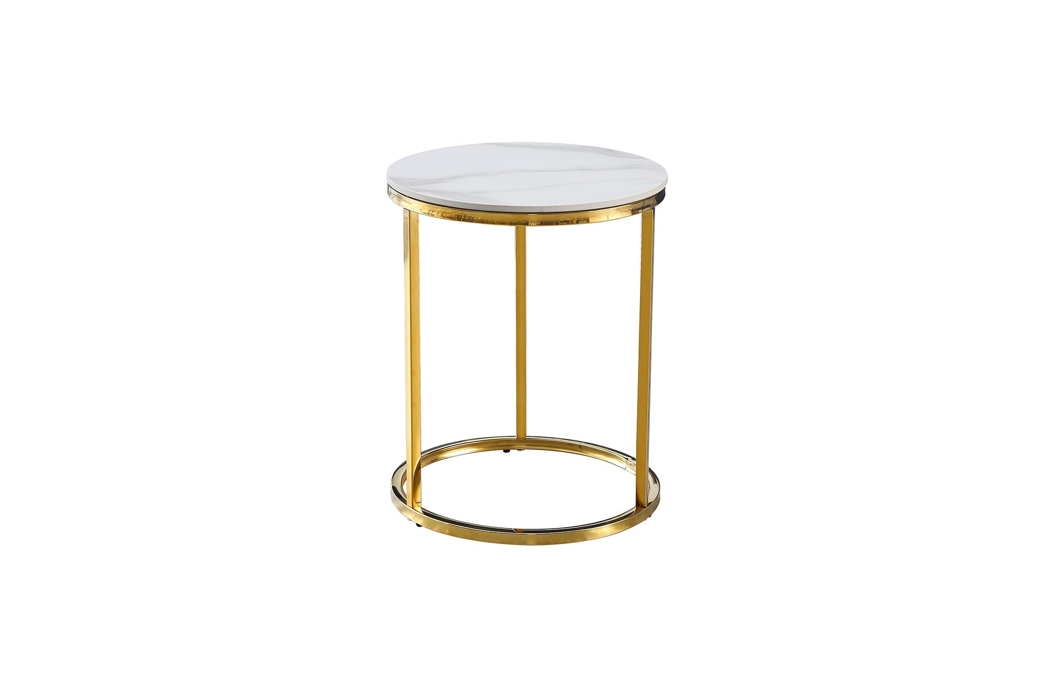 Elegant Layla side table featuring a polished gold steel frame with a round white marble top.