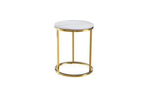 Elegant Layla side table featuring a polished gold steel frame with a round white marble top.