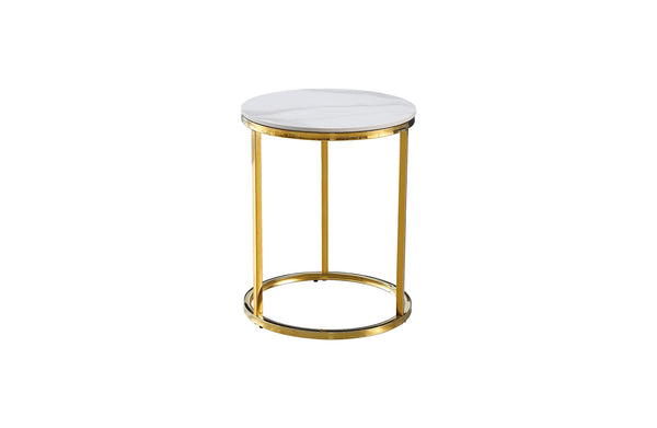 Elegant Layla side table featuring a polished gold steel frame with a round white marble top.