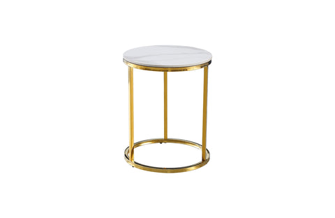 Elegant Layla side table featuring a polished gold steel frame with a round white marble top.