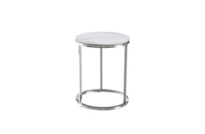 Modern Layla side table with a polished silver steel frame and round white marble top.