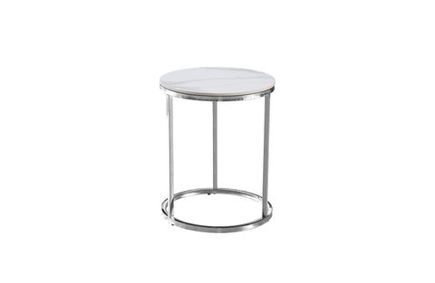 Modern Layla side table with a polished silver steel frame and round white marble top.