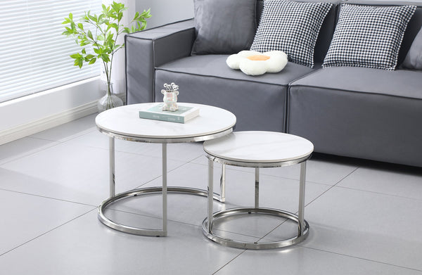 Layla nesting coffee table small set in polished silver frame with marble tops, living room style.