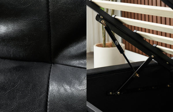 Close up of black leather texture and gas lift storage mechanism details