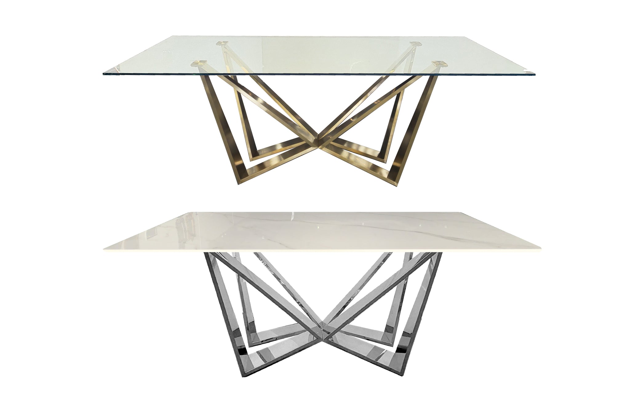 Lenox Dining Table in polished gold and silver frames with marble and glass tops.