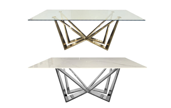 Lenox Dining Table in polished gold and silver frames with marble and glass tops.
