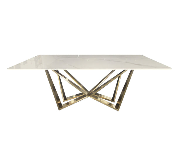 Stylish Lenox Dining Table in gold stainless frame with sleek white marble stone top.